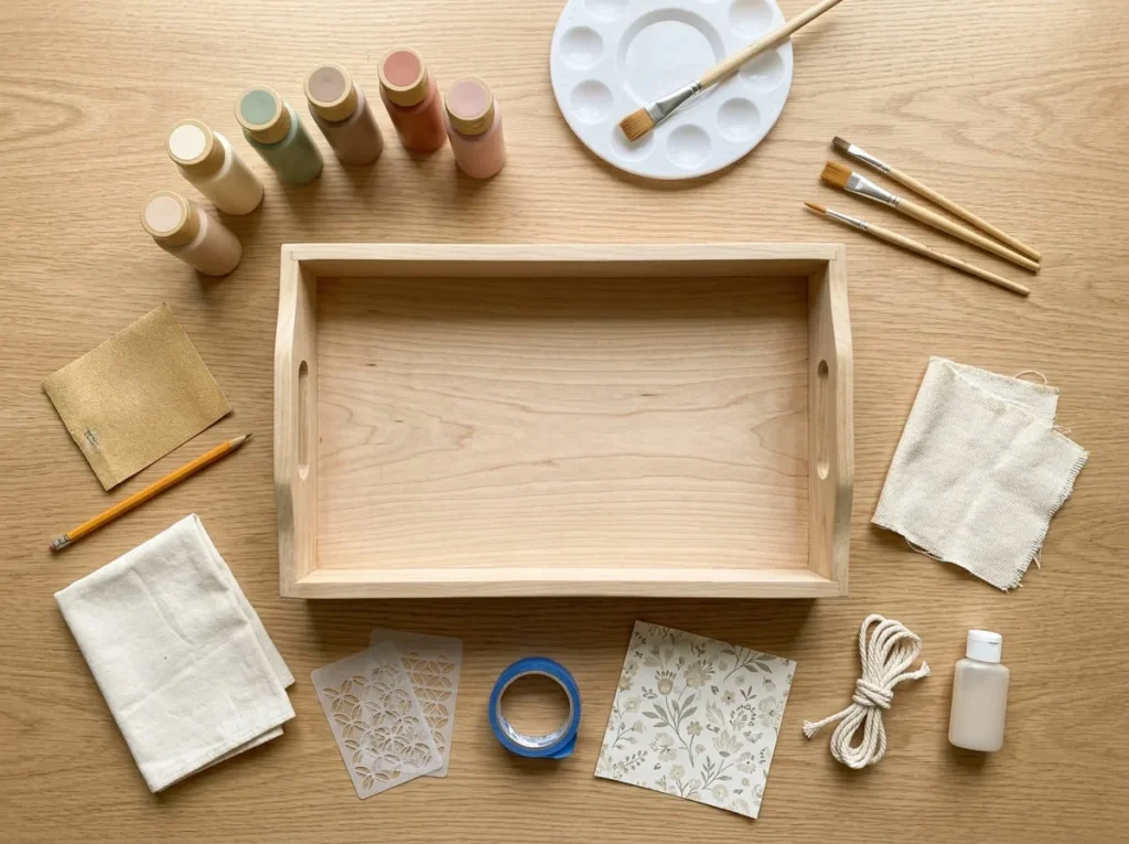 Unfinished wooden tray, acrylic paints, brushes, sandpaper, decorative paper, cotton rope, and craft adhesive arranged on a table.