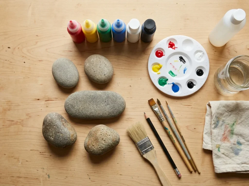 Smooth garden rocks, outdoor-suitable acrylic paints, brushes, palette, and cleaning supplies on a craft table.