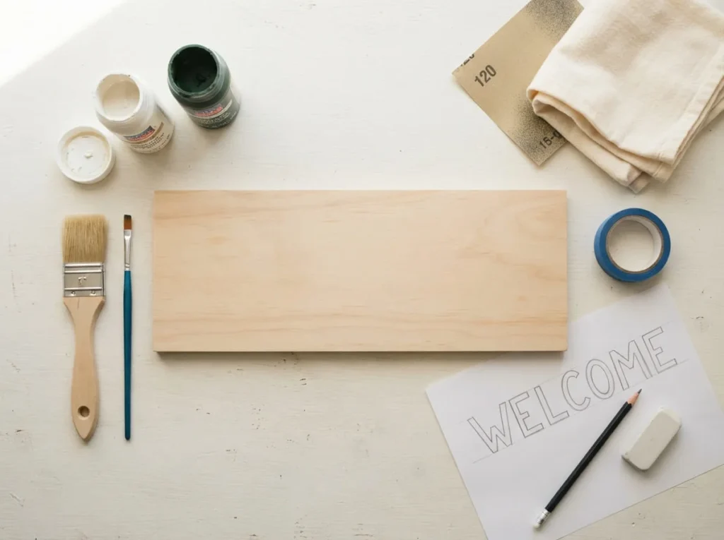 Wooden craft board, acrylic paints, paintbrushes, sandpaper, pencil, and paper arranged for making a painted wooden sign.