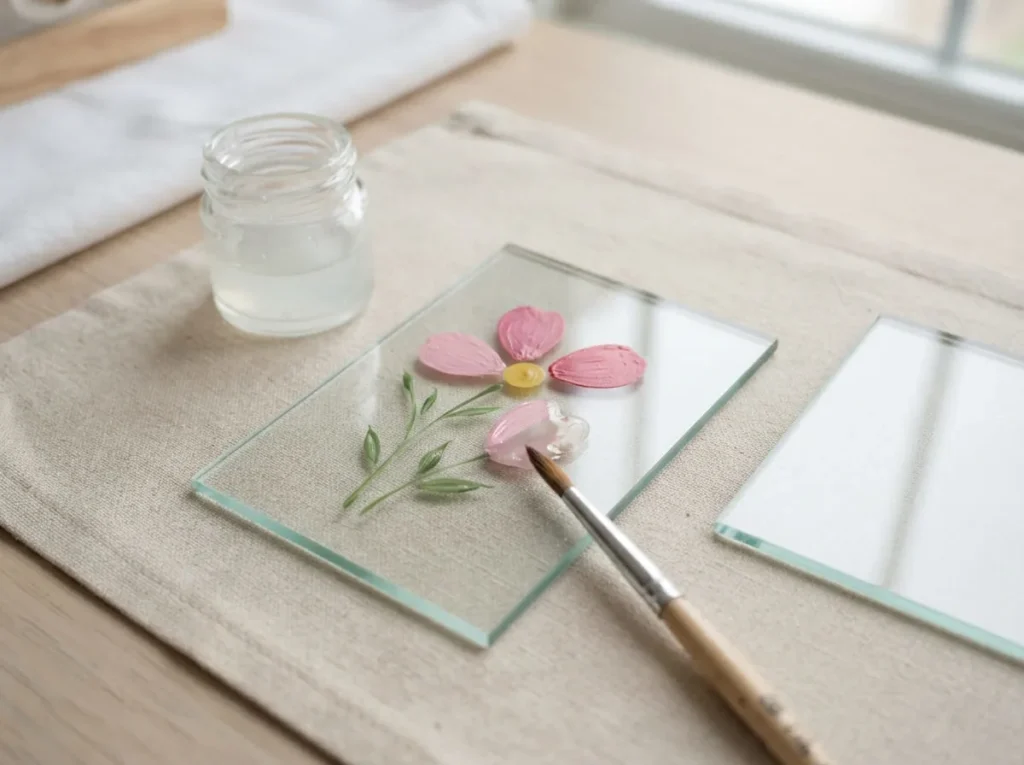 Small painted glass sample and clear protective coating supplies arranged for compatibility testing.