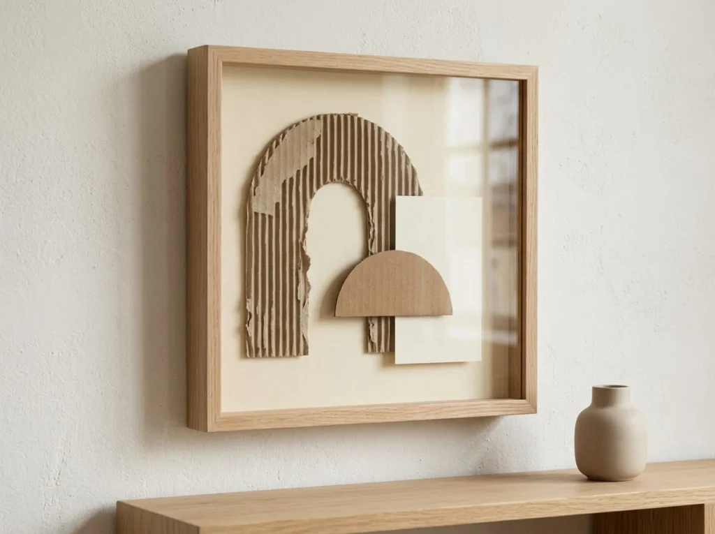 Abstract handmade wall art featuring raised corrugated cardboard shapes and cream paper on a sturdy backing.
