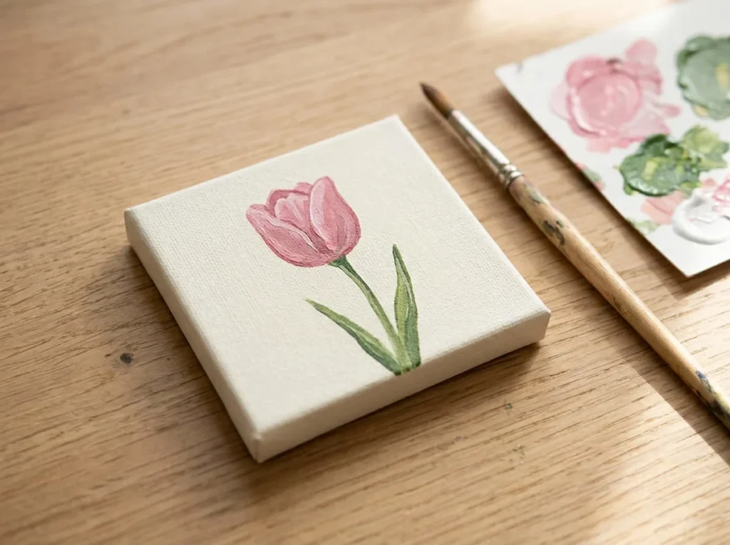Beginner mini canvas acrylic painting of a single pink tulip with green leaves on a warm white background.