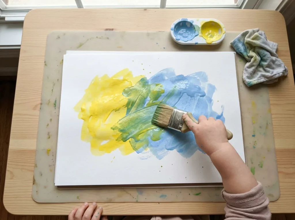 Toddler mixing blue and yellow washable paint with a broad brush on paper