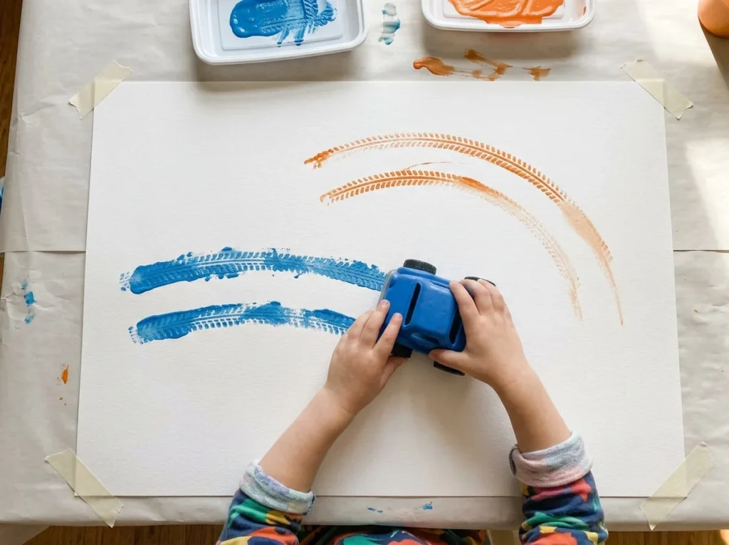 Toy car painting activity creating blue and orange wheel tracks on white paper using washable paint.