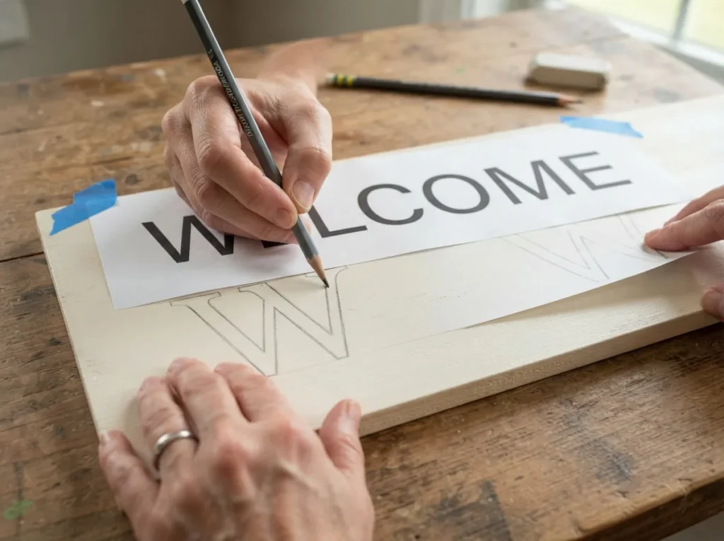 Hand tracing a WELCOME paper lettering template onto a painted wooden sign using the pencil transfer method.