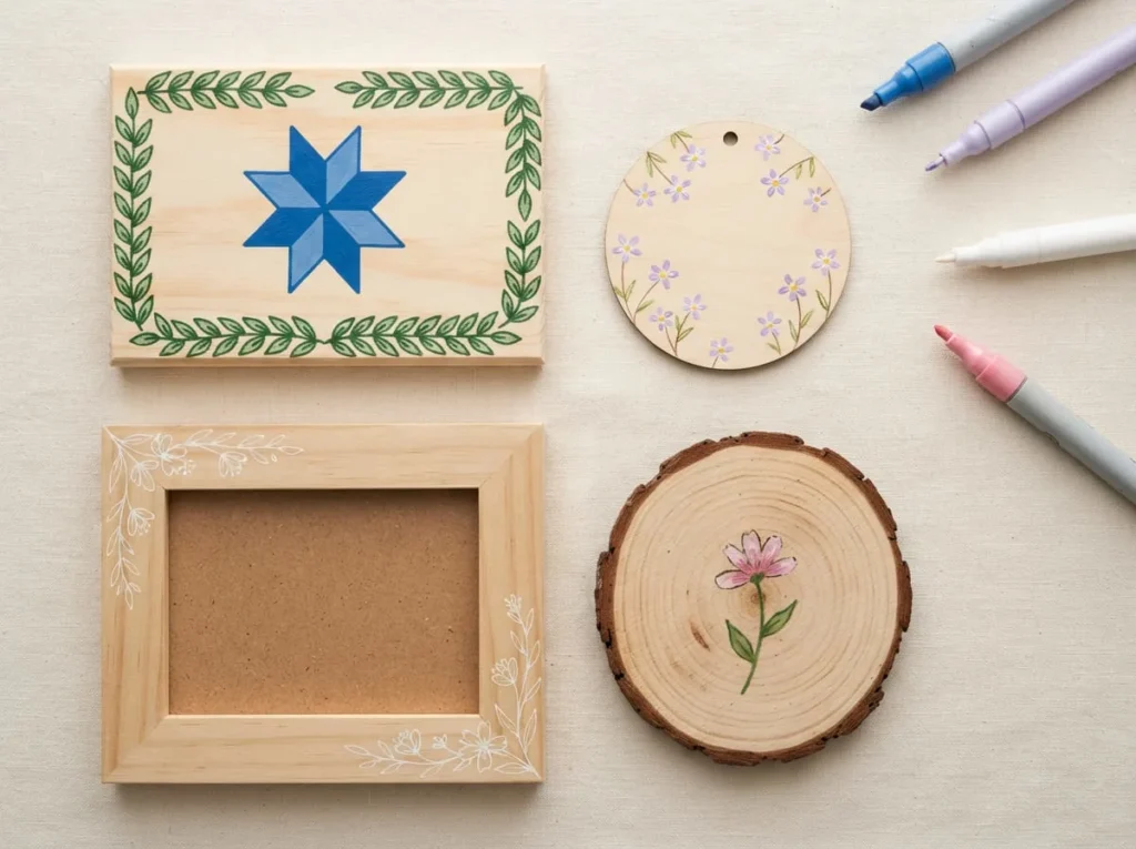 Handmade wooden sign, ornament, picture frame, and wood slice decorated with acrylic paint pens.
