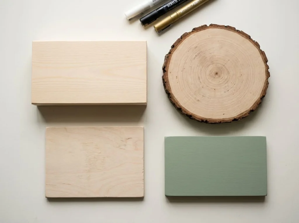Unfinished wood, plywood, natural wood slice, and painted wooden board arranged to show different surfaces for acrylic paint pens.