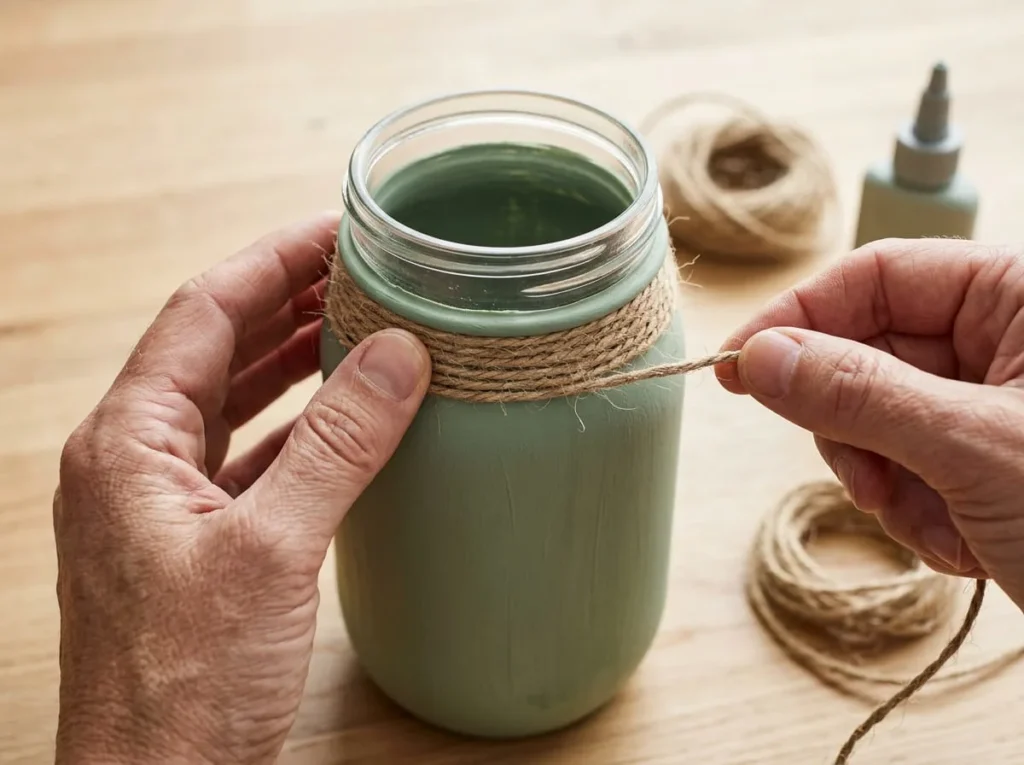 Adult hands wrapping natural jute twine around the upper body of a matte sage green painted mason jar.