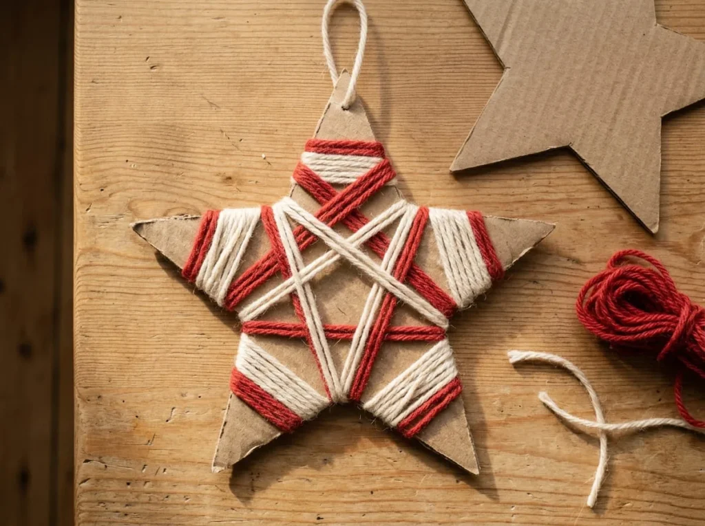 Five-point cardboard Christmas star ornament wrapped with red and cream yarn